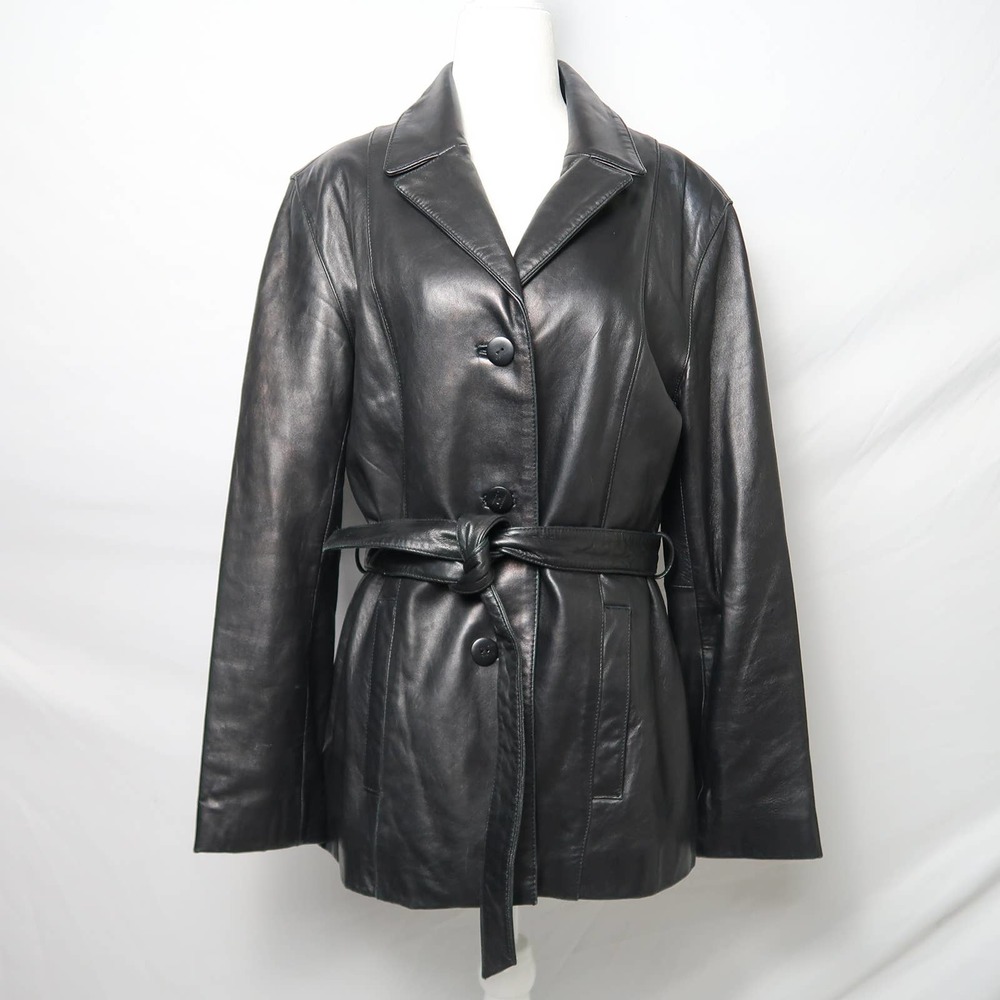 Vintage 90s black leather button front belted blazer jacket M